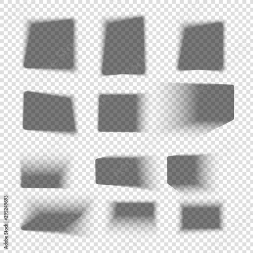 Box shadow set. Square realistic shadows with soft edges. Drop shade on floor. Vector transparent mockup.