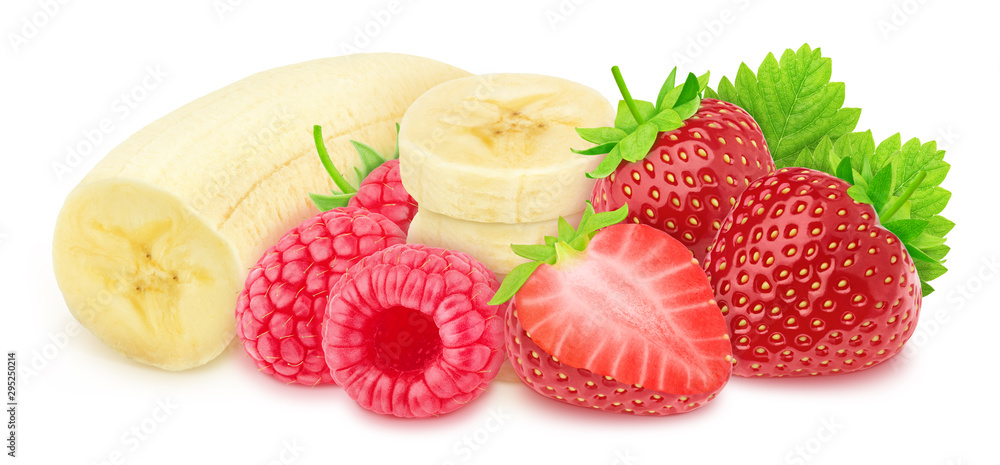Multicolored composition with strawberry, banana and raspberry, isolated on a white background with clipping path. Multicolored composition with strawberry, banana and raspberry, isolated on a white background with clipping path.