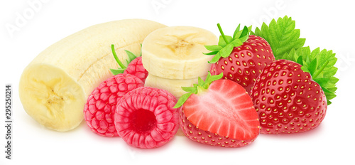 Multicolored composition with strawberry  banana and raspberry  isolated on a white background with clipping path.