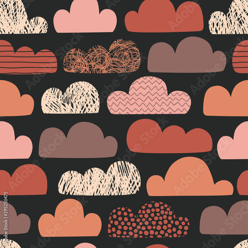 Clouds hand drawn color vector seamless pattern. Autumn colours doodle eddies on white background. Cartoon zigzag, line, scribble and circle spot clouds flat illustration. Textile, wallpaper design