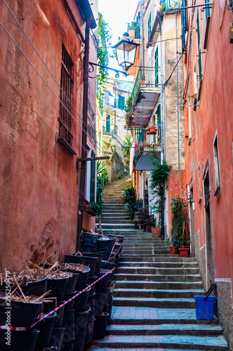 Curved elevated stairs street full of outdoor elements like street lanterns, growing plants, balconies and windows telling their stories about the city life in Monterosso Al Mare, Cinque Terre © YKD