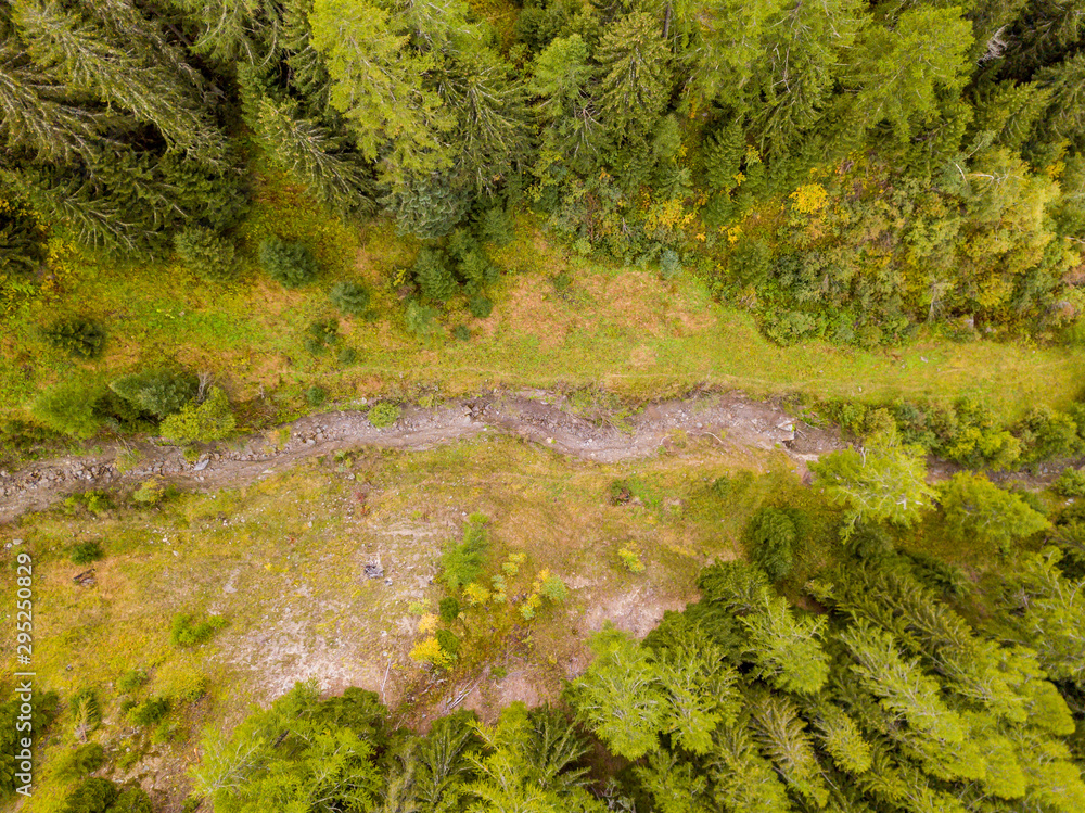 Aerial view of mud slide river bed in mountain forest in Switzerland. Aerial view of mud slide river bed in mountain forest in Switzerland.