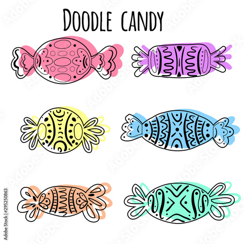 Set of contour drawing of sweets with patterns and multicolor spots. Linear doodle illustration. Halloween holiday treat. Vector object for recipes, cards, articles and your creativity. © veleri_kz