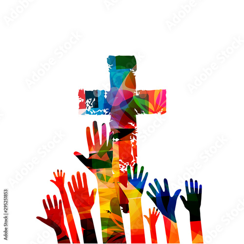  Colorful christian cross with human hands isolated vector illustration. Religion themed background. Design for Christianity, church charity, help and support, prayer and care