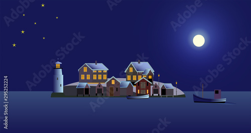 Winter night with a fishing village from the Swedish archipelago, vector illustration