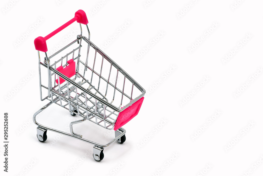 Small shopping cart on white background, mini supermarket trolley isolated on white.