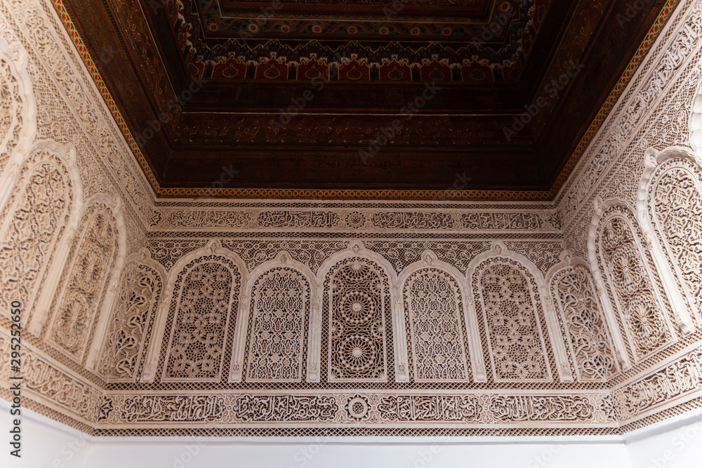 Decorative reliefs of plasterwork in the Bahia Palace of Marrakech