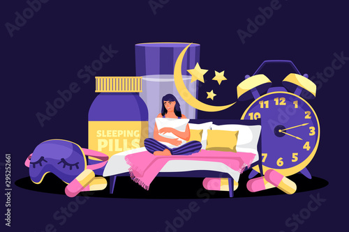Tired woman suffering from insomnia. Vector flat cartoon illustration. Sleepless girl in night bedroom