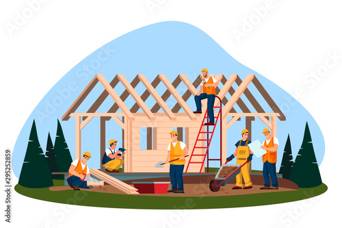 Wooden eco house construction. Vector flat illustration. Workers and builders building house or cottage in forest.