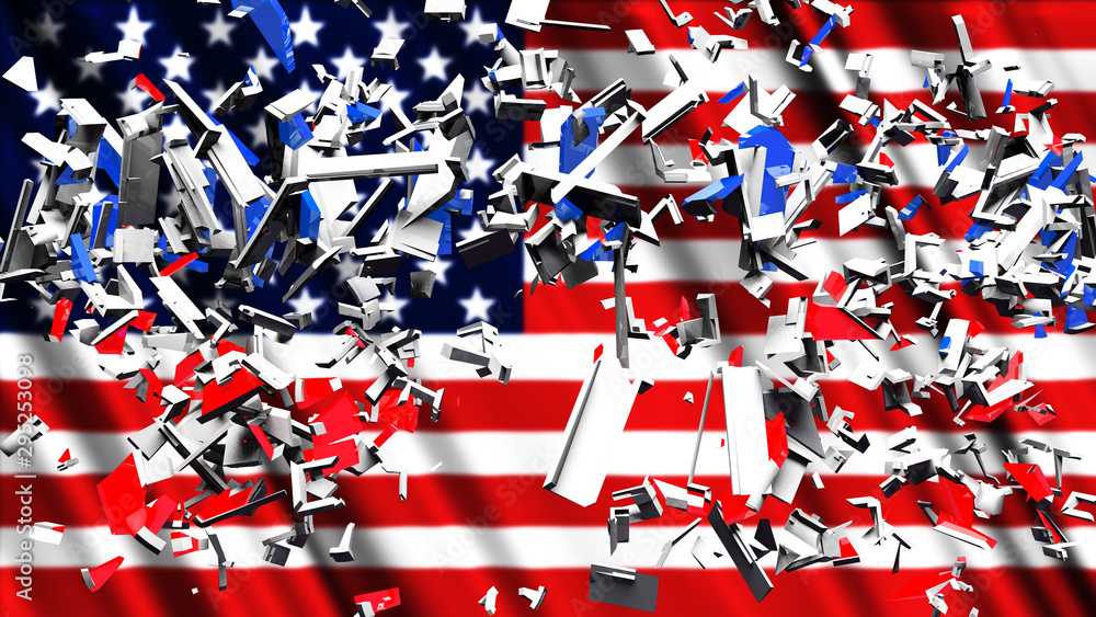 Obraz premium Debris and USA Flag Divided America Concept 3D Illustration