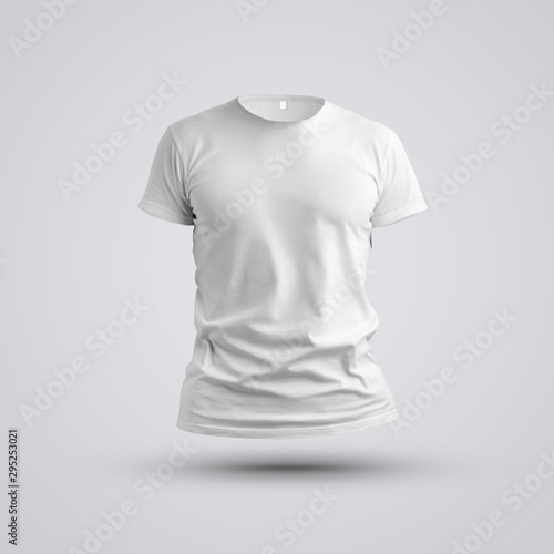  Visualization of a blank t-shirt on a body without a man with shadows on white background.