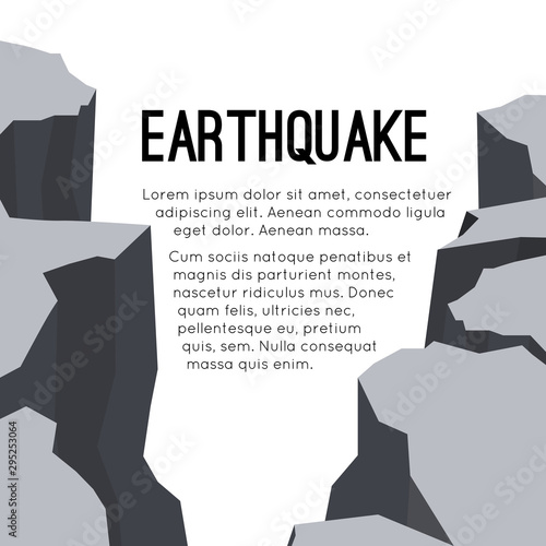 Vector flat card with earthquake and space for text. Splits and cracks. Faults in the ground. Natural disaster. Modern cataclysm. Ravine and rocks. Template for article, slide and your design.