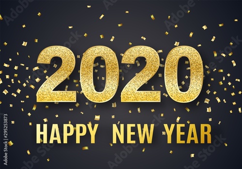 2020 Happy New Year vector background with big golden glitter numbers, shiny confetti. Christmas celebrate design. Festive premium concept template for holiday