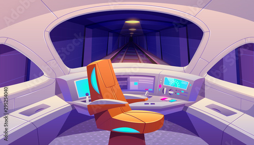 Train cockpit with control panel and armchair, empty railway car cabin with electronic dashboard, buttons and panoramic windows with rails and dark underground tunnel view. Cartoon vector illustration