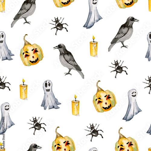 Watercolor Halloween seamless pattern. Illustration party isolated on white backgrounds for postcard, greeting card, invintaion, banner, paper and the textile fabric. photo