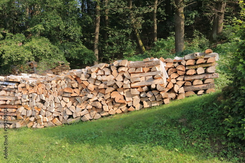 Stack of Wood wood stacked for drying in the woodpile on the green meadow