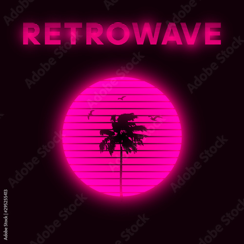 Synthwave style striped pink sun with silhouette of miami palm tree and seagulls. Miami aesthetics. Vaporwave. Eps 10