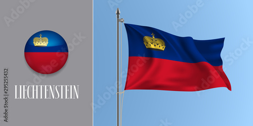 Lichtenstein waving flag on flagpole and round icon vector illustration