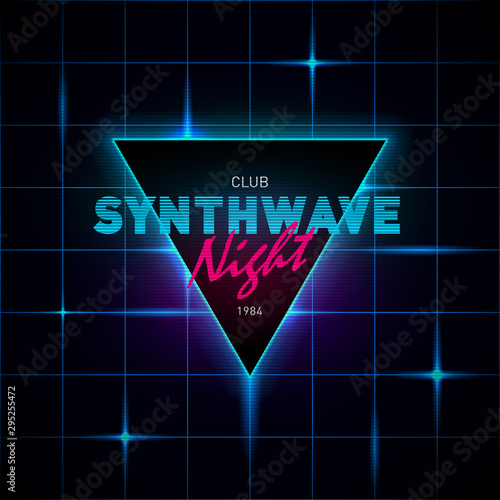 Synthwave retrowave triangle with blue and pink glowing on dark background with glowing blue laser grid. Design for poster, flyer. Eps 10.