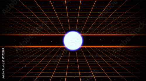 Retrowave landscape in starry space between two laser grids and glowing sphere in the center. Eps 10