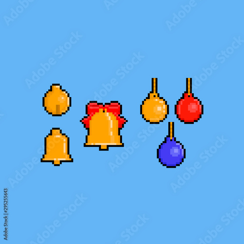 Pixel art christmas golden bell set.