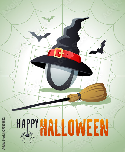 Happy Halloween. Sports greeting card. Rugby ball with witches hat and broom on the background of the rugby field as a spiders web. Vector illustration.