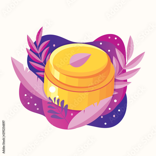 Natural herbal organic cosmetic. Plant cosmetics. Skin care product. Face cream in a jar. Ecological and natural beauty products. Body care product. Spa cosmetics. flat vector.