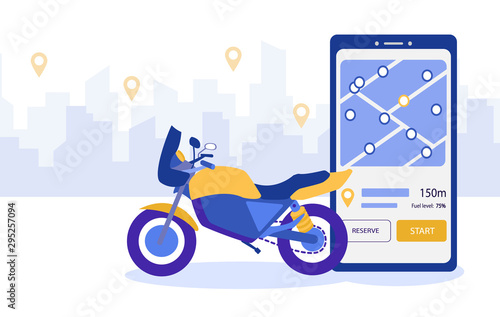 Carsharing service. Motorcycle rental service using a mobile application. Smartphone with location information about finding a motorbike. Concept mobile transportation sharing city.Vector illustration