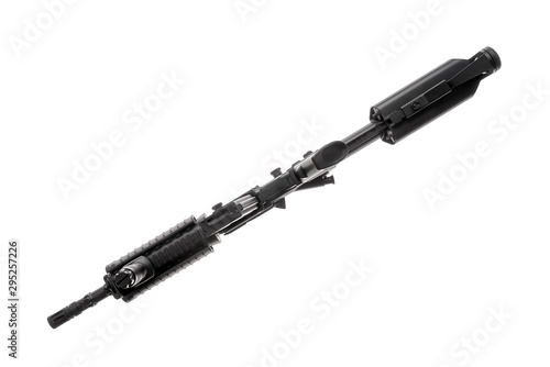 Bottom down view of an isolated AR-15 weapon on white background