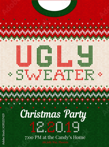 Ugly sweater Christmas party invite. Knitted background pattern scandinavian ornaments.