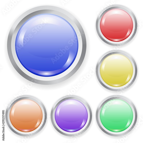 Free Download Set of vector realistic color plastic button with patch of light and metal frame isolated on white background. 3D illustration. - GFXLoad