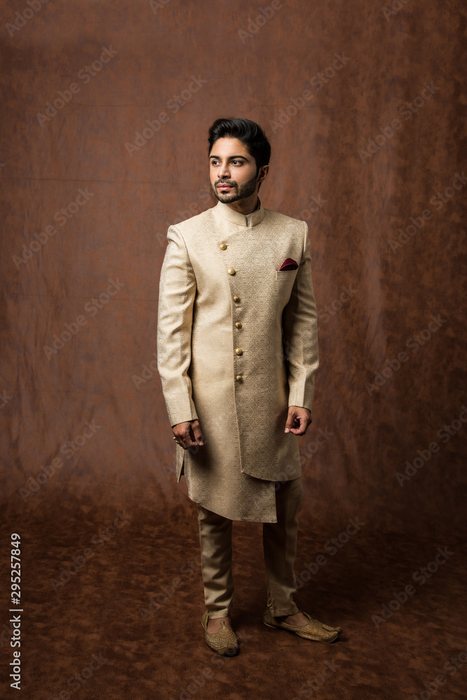 Indian Bridegroom Wears Ethnic Or Traditional Kurta Cloths Male Fashion Model In Sherwani