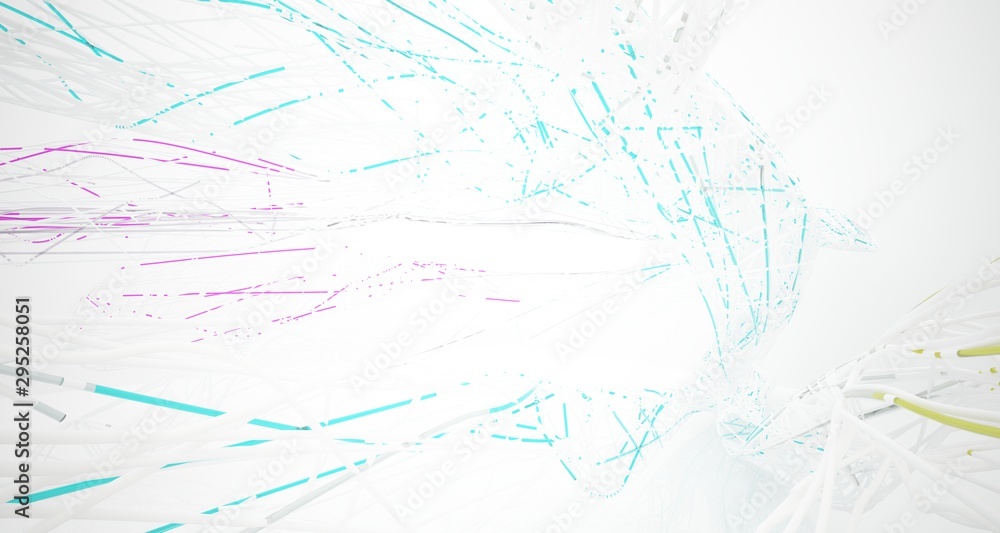 Abstract architectural white and glass gradient color smooth wire interior of a minimalist house with large windows.. 3D illustration and rendering. Abstract architectural white and glass gradient color smooth wire interior of a minimalist house with large windows.. 3D illustration and rendering.