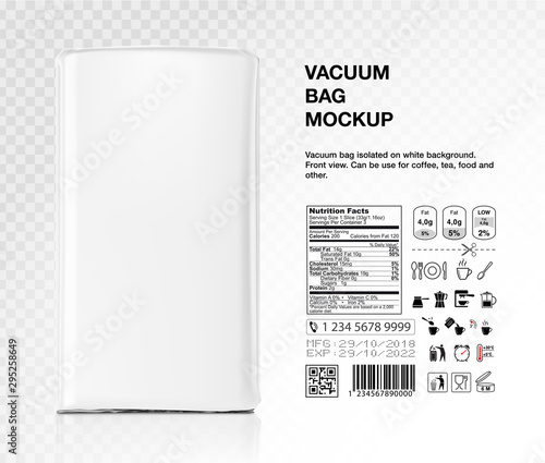 High realistic clean vertical bag mockup with product information. Front view. Vector illustration on wtransparent background. Easy to use for presentation your product, idea, promo, design. EPS10.	