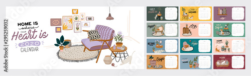 Wall calendar. 2020 Yearly Planner with all Months. Good school Organizer and Schedule. Cute home interior background. Motivational quote lettering. Flat vector illustration in trendy style