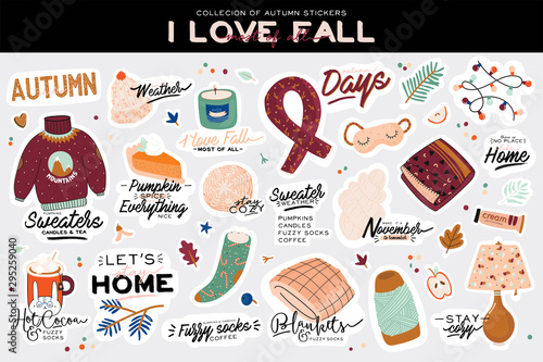 Cute illustration with autumn and winter cozy elements. Isolated on white background. Motivational typography of holidays hygge quotes. Scandinavian danish style. Vector