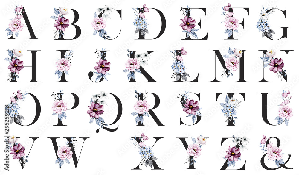 Floral alphabet, letters set with watercolor flowers and leaf. Monogram initials perfectly for wedding invitations, greeting card, logo, poster and other design. Holiday design hand painting.