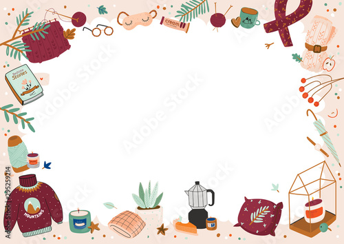 Cute illustration with autumn and winter cozy elements. Isolated on white background. Motivational typography of holidays hygge quotes. Scandinavian danish style. Vector
