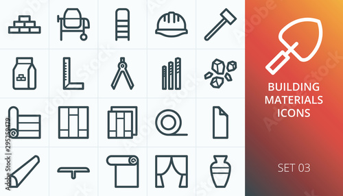 Building materials icons set. Set of concrete mixer, step ladder, construction helmet, dry mix plaster, laminate floor, rocks vector icons