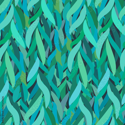 Abstract, beautiful, textured green background from willow leaves. Various leaves of green-blue shades, seaweed, grass, spring hibernation.