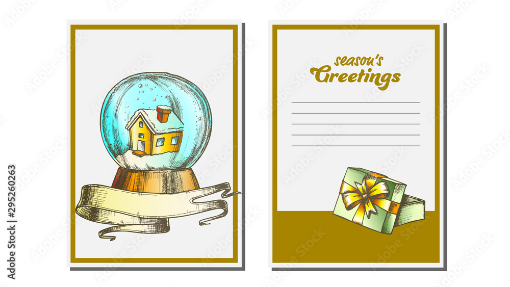 Christmas Greeting Card Vector. Snow Globe. Seasons. Holiday Concept. Hand Drawn In Vintage Style Illustration