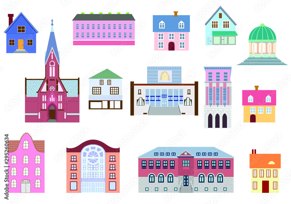 Colorful buildings collection isolated on white. Different styles and construction form.