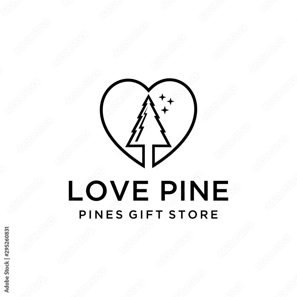 Illustration  Evergreen, Pines, Spruce, Cedar trees logo design with love sign