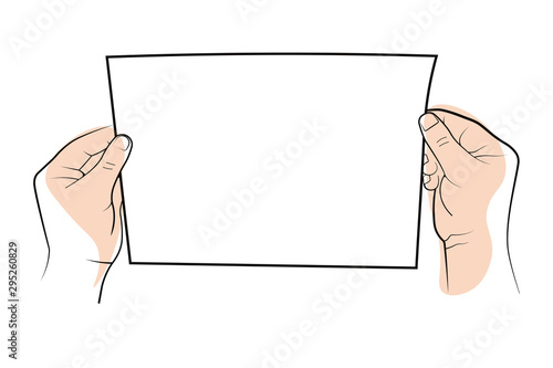 Two hands holding a clear white blank sheet of paper for text message