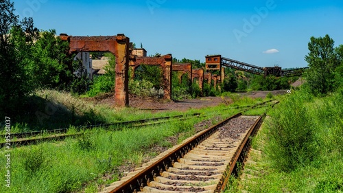 ruins of an abandoned industrial construction conveyor for the delivery of iron ore.