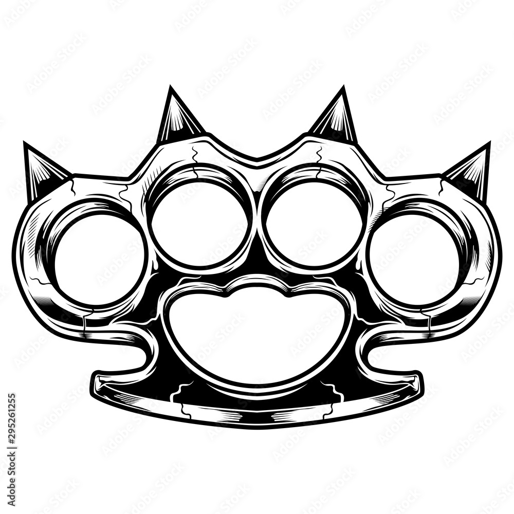 Brass knuckles black and white vector illustration. Violence and