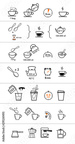 Set of methods of brewing tea and coffee. Preparation instructions. Vector elements for infographics. Set of sign for detailed guideline. Ready for your design.	