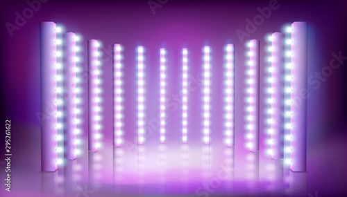 Light show on the stage. Empty place for exposition. Vector illustration.