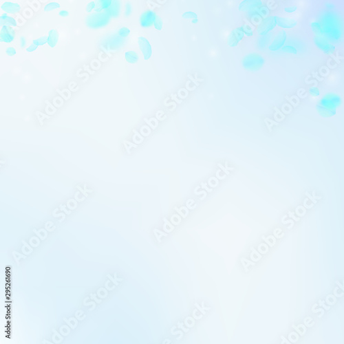 Turquoise flower petals falling down. Shapely roma
