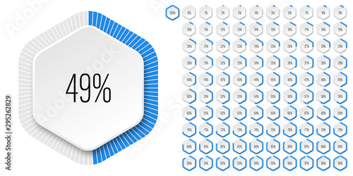 Set of hexagon percentage diagrams meters from 0 to 100 ready-to-use for web design, user interface UI or infographic - indicator with blue